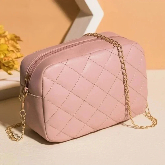 Pink Quilted Gold Chain Crossbody Purse - Picture 3 of 5